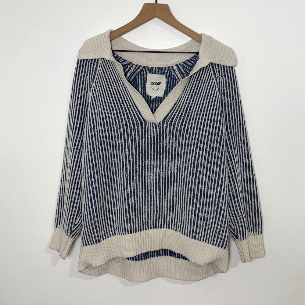Aerie Sweater Womens Small Blue White Striped Polo Oversized Coastal Preppy